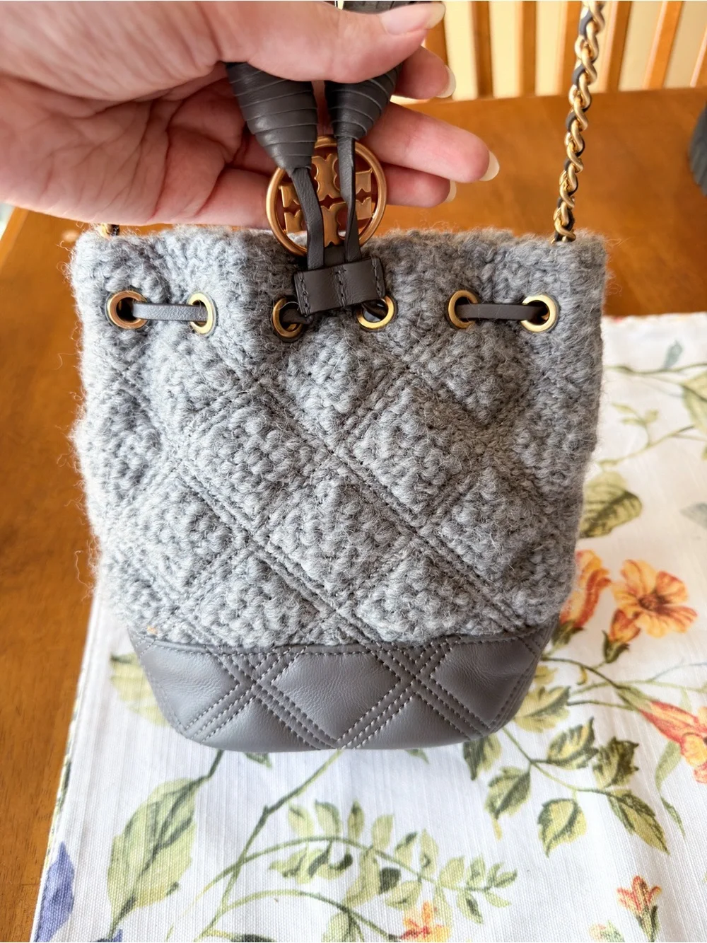 Tory Burch Fleming Soft Bouclé Mini Bucket Bag Carbon EUC